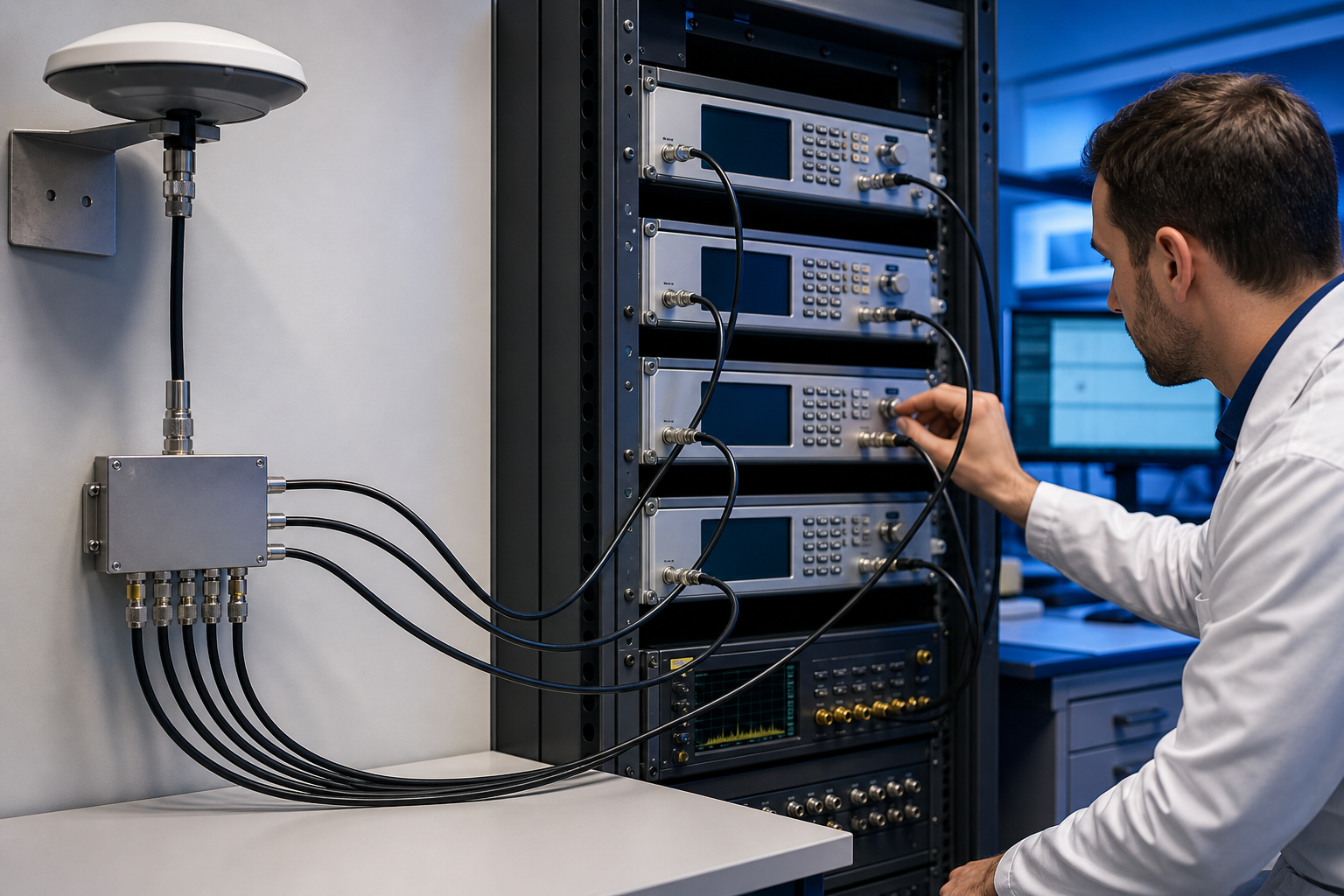 GNSS signal splitter feeding multiple timing receivers in a test laboratory