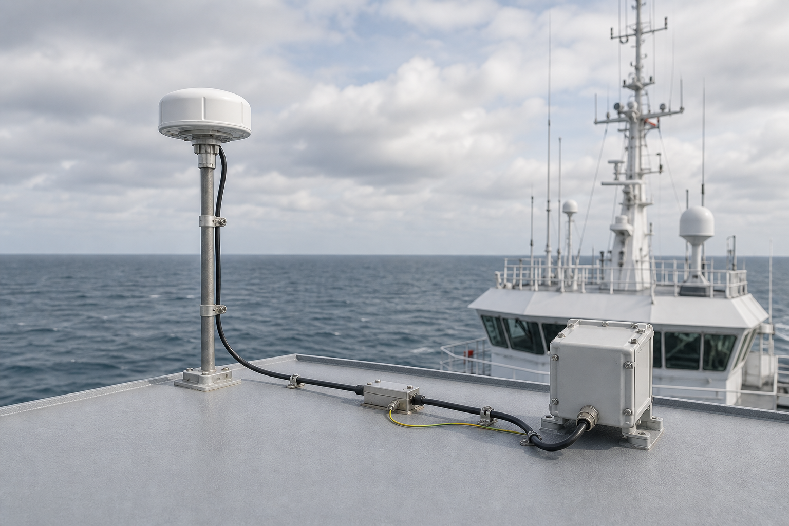 Rugged GNSS antenna and protected RF cable path on a marine vessel