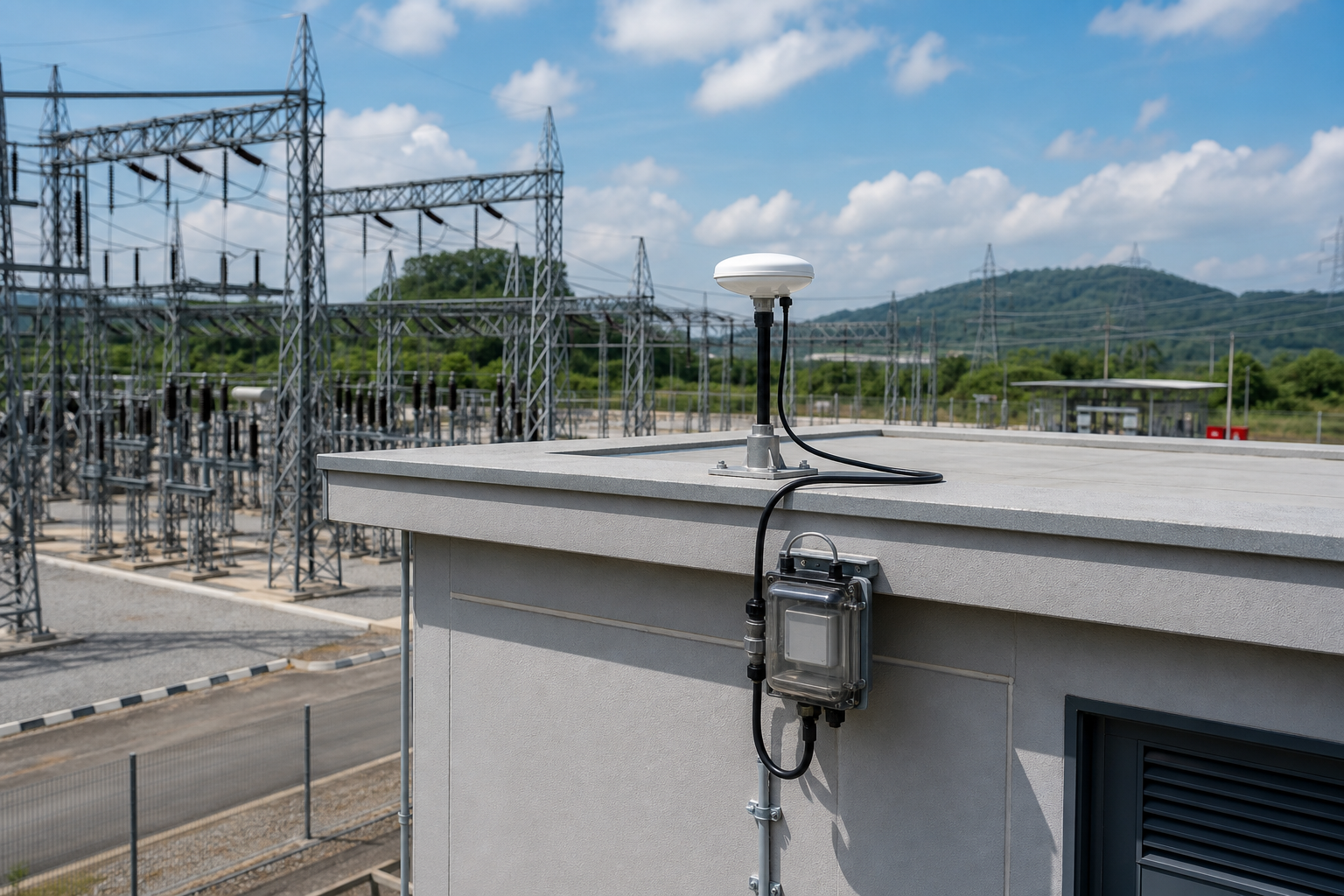Rooftop GNSS timing antenna and protected cable feed at an electrical substation