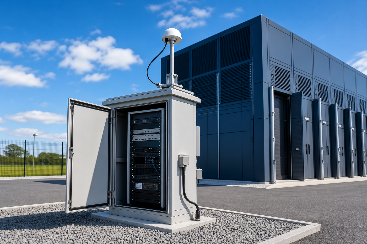 GNSS timing antenna and equipment cabinet serving a data centre