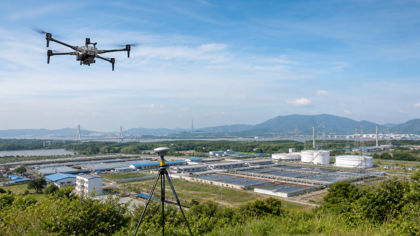 Survey drone and GNSS base station mapping an infrastructure site
