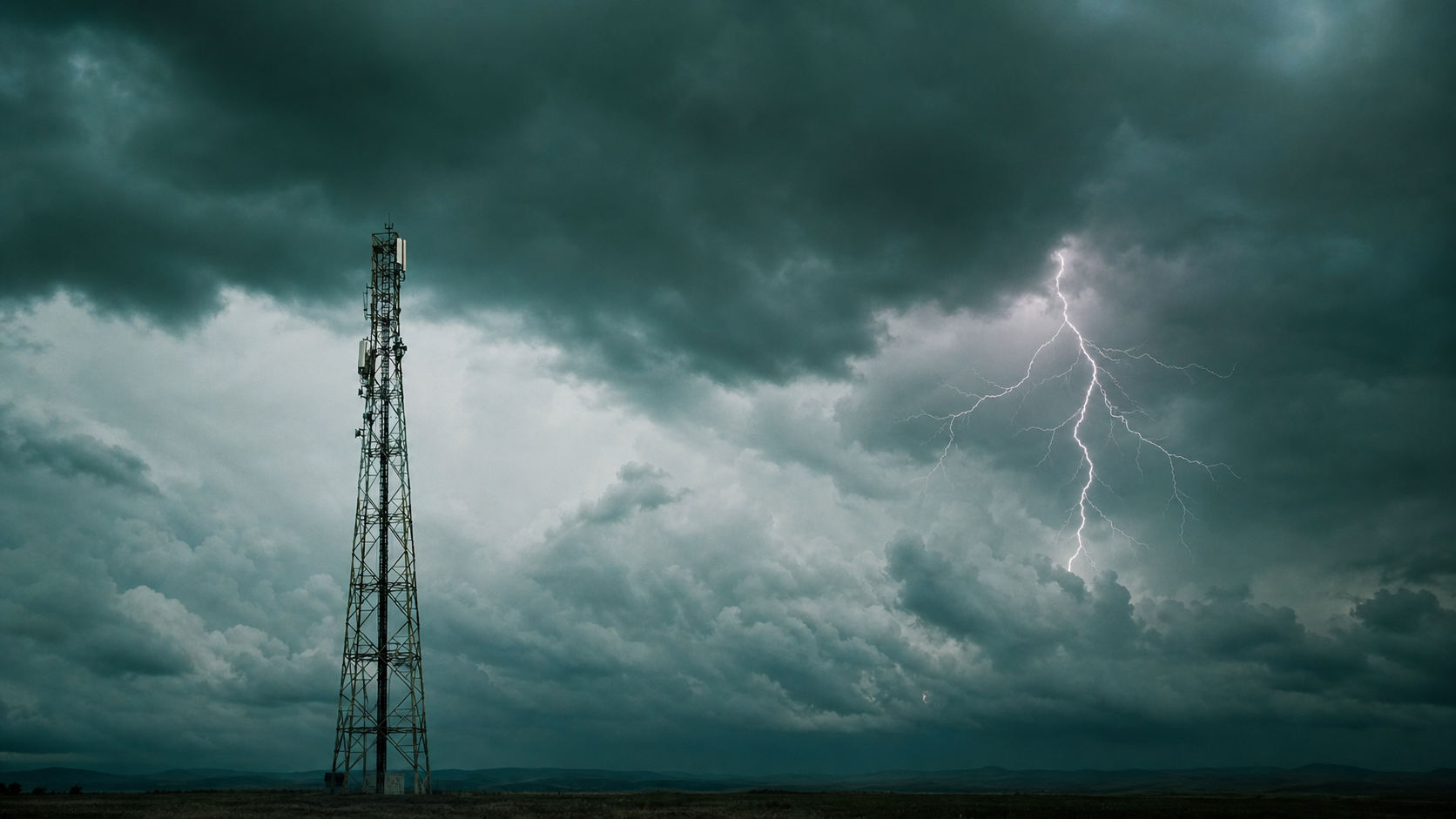 Telecom timing site with lightning in the distant storm background